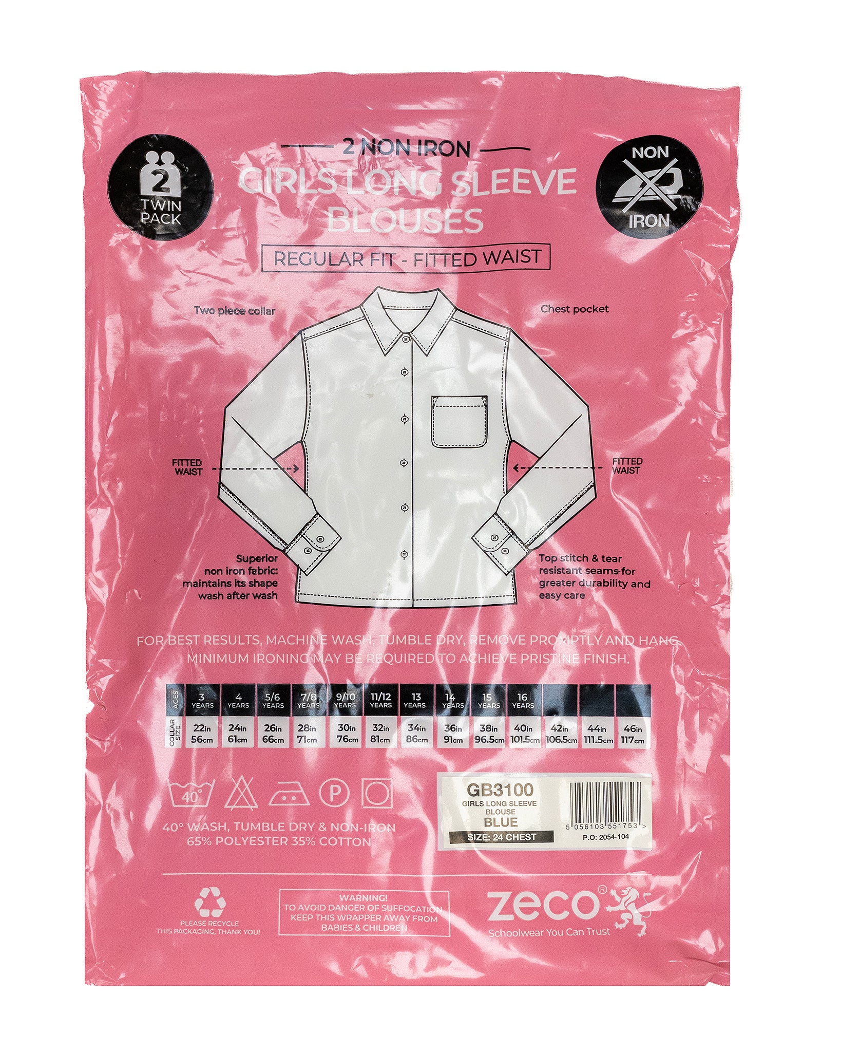 Zeco Girls L/S Blouse - 2 Pack (Blue)