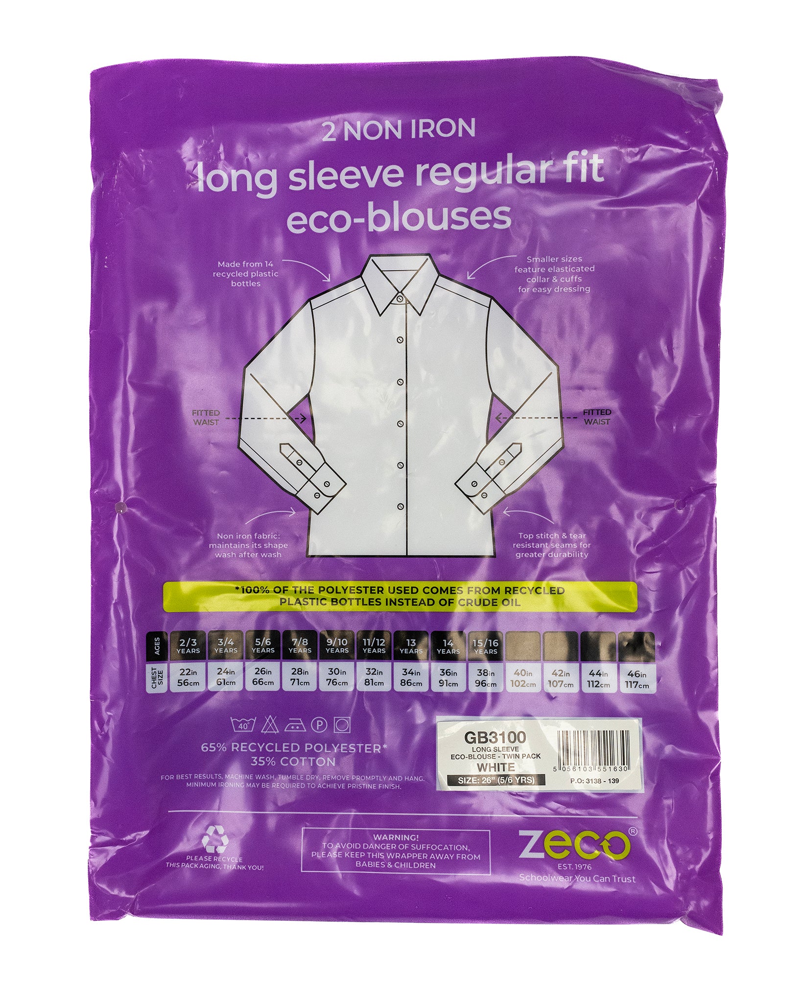 Zeco L/S Regular Fit Blouse - 2 Pack (White)
